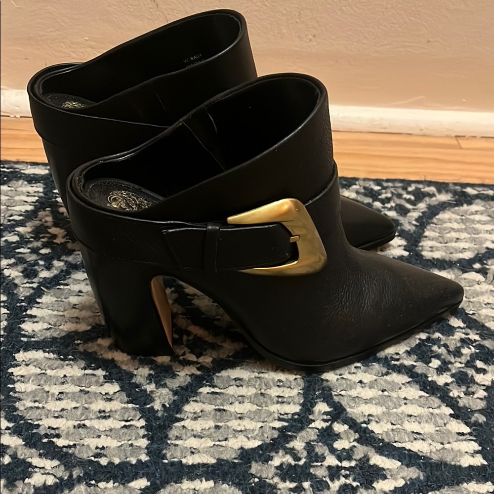 Vince Camuto Black Mules with Gold Buckle